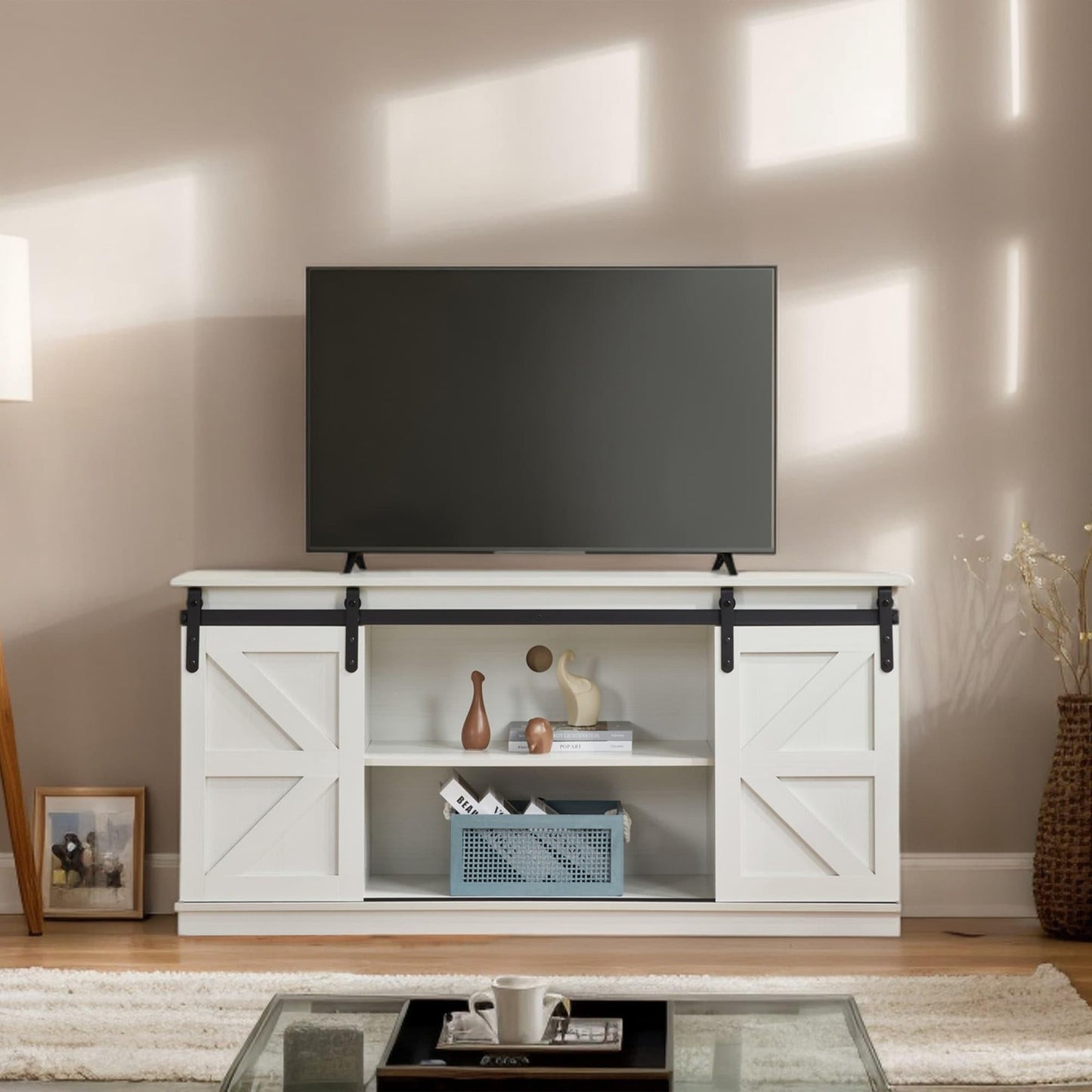ya 28 58 TV Cabinet For Televisions Up To 65 Inchs With Sliding Barn Doors And White