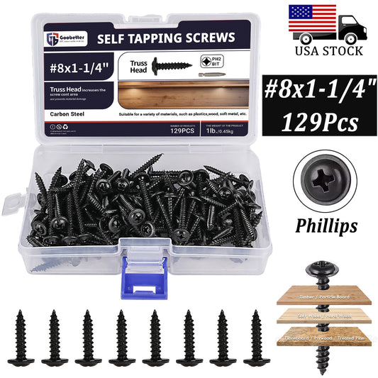 129pcs Black Phosphate ZT Wafer Head Self Tapping Wood Screws #8x1-1/4  Phillips