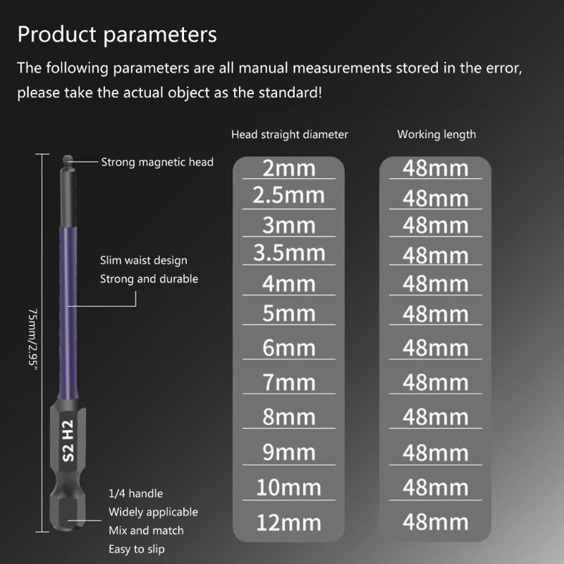 ya 26 13Pcs Ball End Hex End Set 2/2.5/3/3.5/4/5/6/7/8/9/10/12mm Screw Driver Bit Set