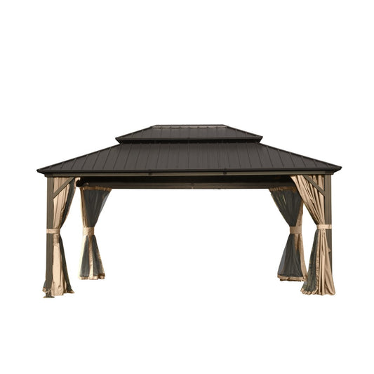ya 28 Aluminum Metal 10' X 14' Hardtop Permanent Gazebo, with Galvanized Steel,Brown
