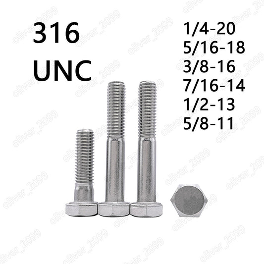 316 Stainless Steel Hexagon Head Bolts Partial Thread 1/4 5/16 3/8 7/16 1/2 5/8