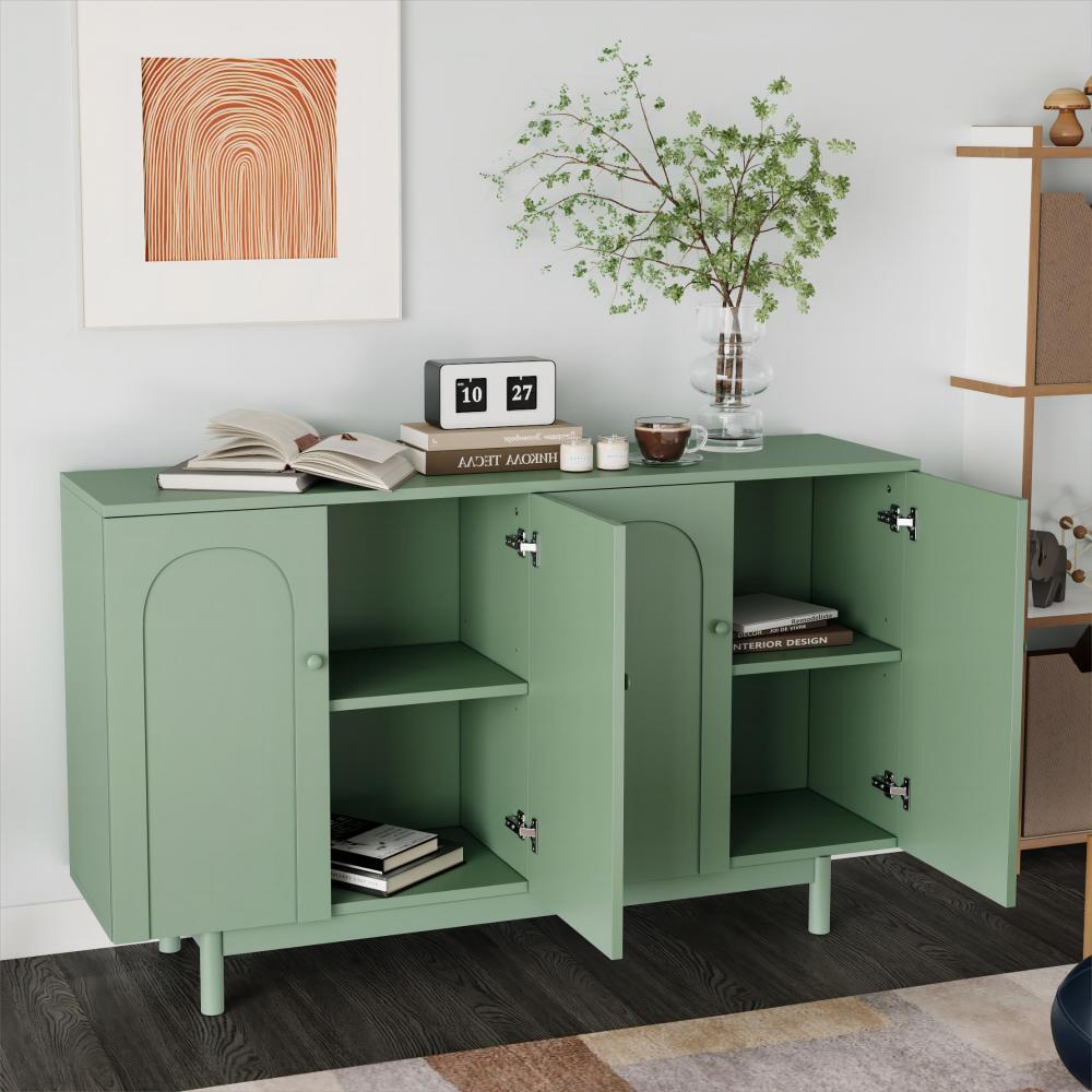 ya 28 4-Door Intaglio Storage Cabinet Mint Green w/Pine Legs, Solid Wood Pulls and MDF