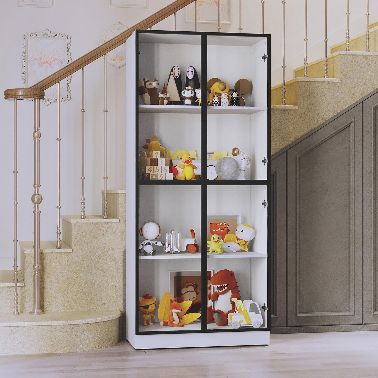 ya 28 Freestanding Curio Display Cabinet w/ Glass Doors, 4-Tier Shelves