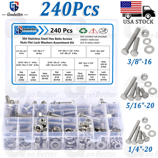 240pcs Stainless Steel Hex Cap Bolt and Nut Washer Assortment Kit 1/4  5/16  3/8