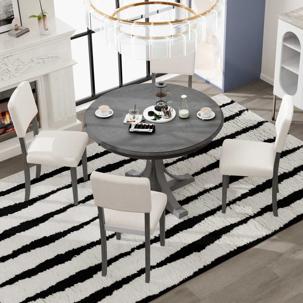ya 28 5pc Retro Round Dining Set Dark Gray, Curved Trestle Legs, 4 Upholstered Chairs