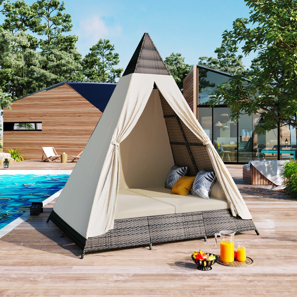 ya 28 90.5 Wicker Patio Daybed (Tent Shape), Cushions,Colorful Pillows,Outdoor Sunbed