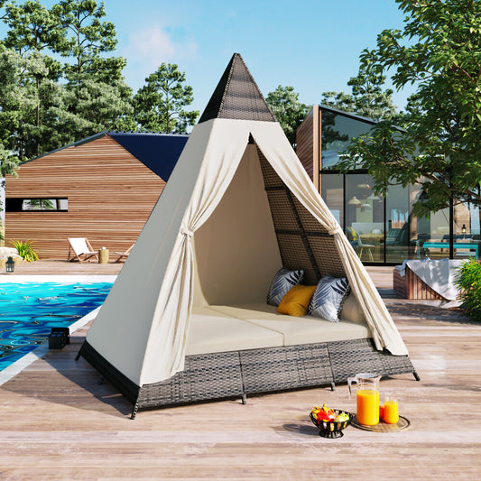 ya 28 90.5 Wicker Patio Daybed (Tent Shape), Cushions,Colorful Pillows,Outdoor Sunbed