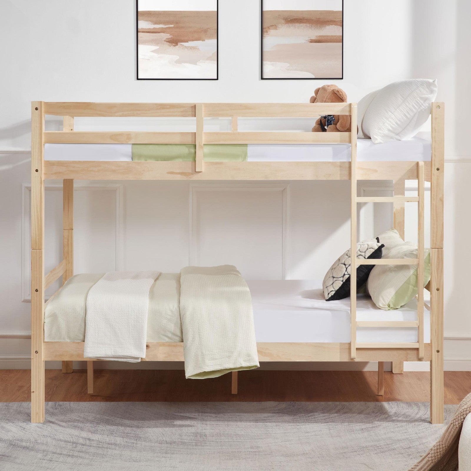 ya 28 Wooden Bunk Bed with High Guardrail and Ladder for Children Safe and Reliable