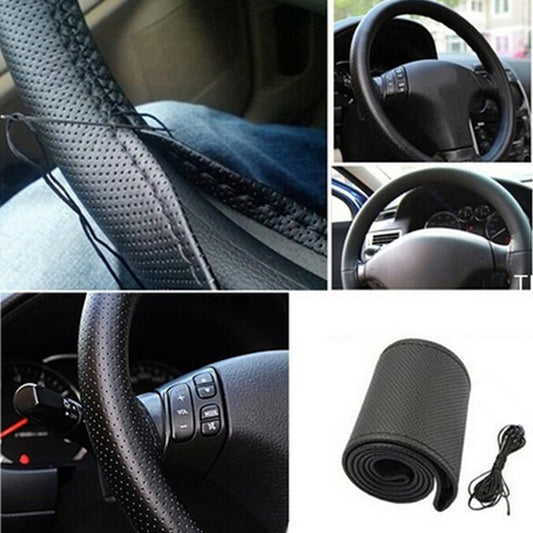 ya 1 7.3 DIY Car Truck Leather Steering Wheel Cover With Needles and Thread Black