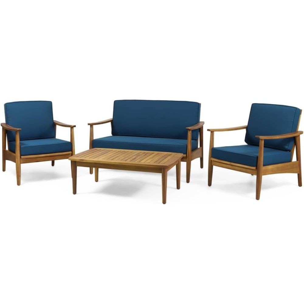 ya 28 Brown Teak 4-Piece Wood Outdoor Conversation Seating Set with Dark Teal Cushions