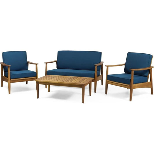 ya 28 Brown Teak 4-Piece Wood Outdoor Conversation Seating Set with Dark Teal Cushions