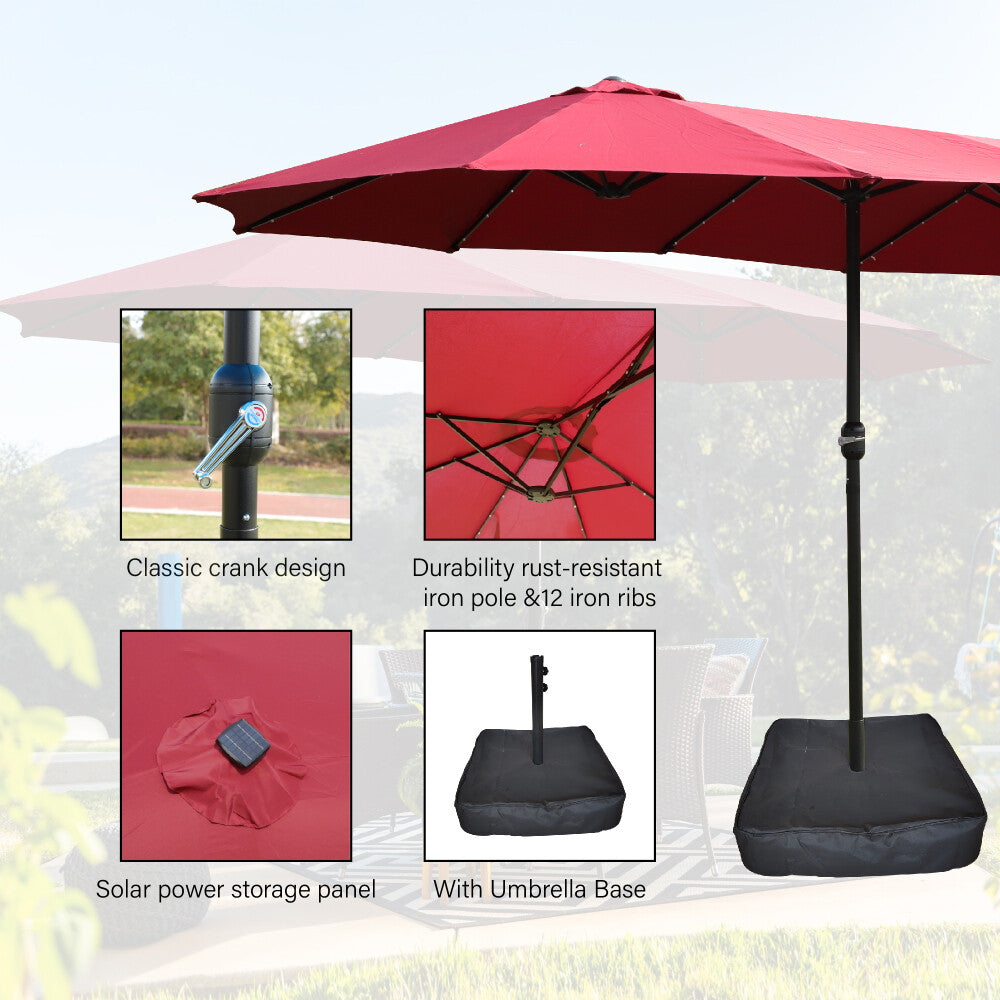 ya 15 10.20 15x9ft w/Light&Base Double-Sided Rectangular Patio Market Umbrella