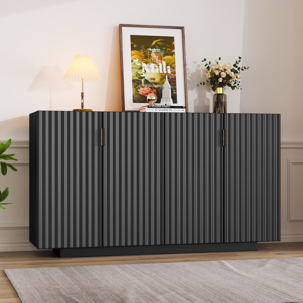 ya 28 For Dining/Living Room Black Buffet Cabinet - 4 Fluted Doors, Adjustable Shelves