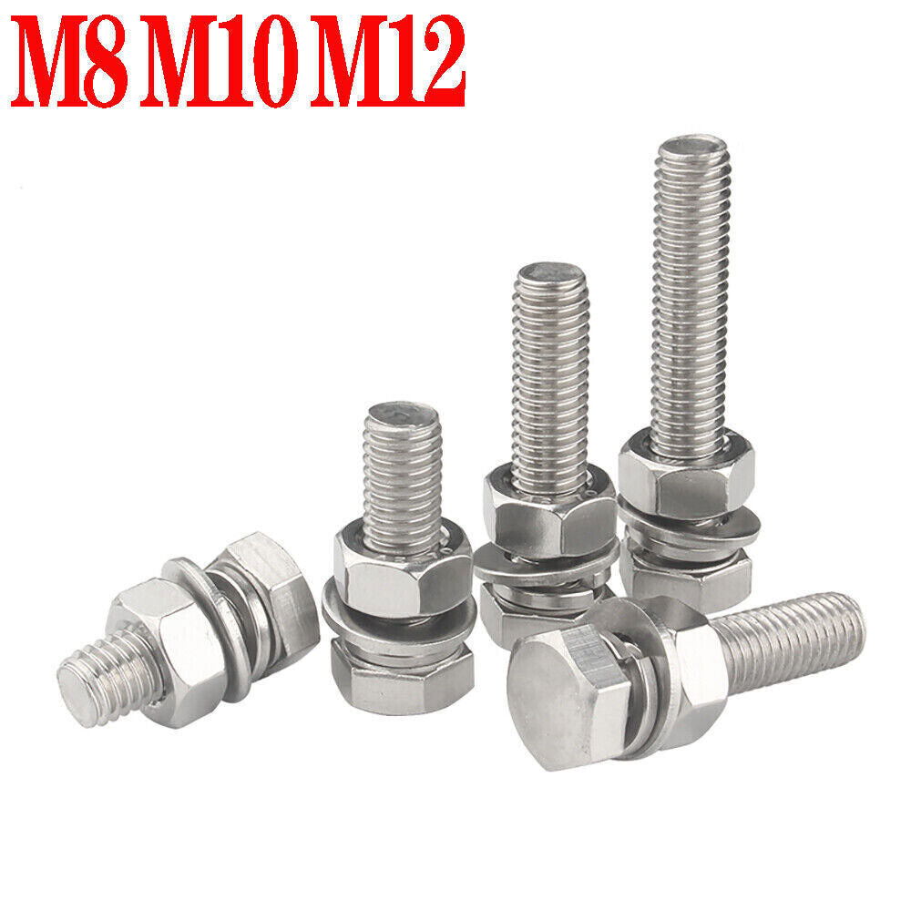M8 M10 M12 Hex Hexagon Fully Threaded Bolts Screws+Nuts Washers A2/304 Stainless