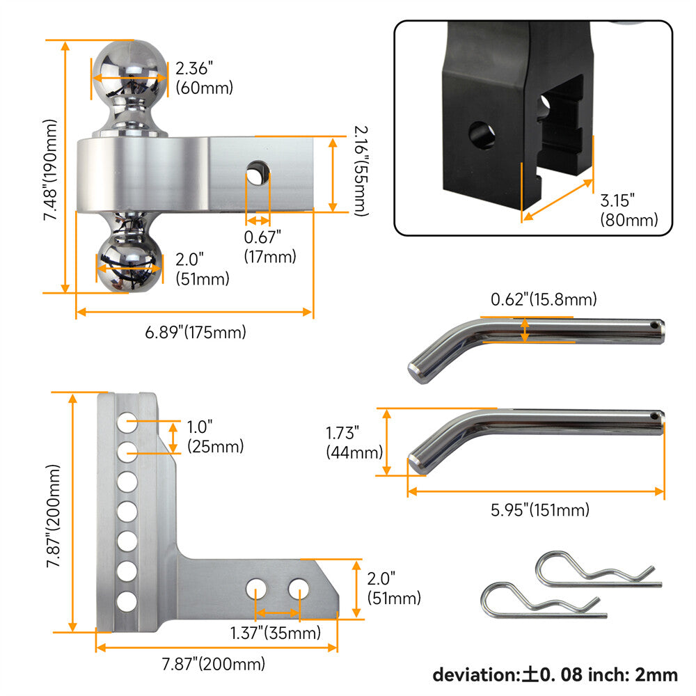 ya 5 8.7 2'' Receiver 6'' Drop/Rise Towing Hitch Dual Ball Trailer pins 2 &2-5/16''