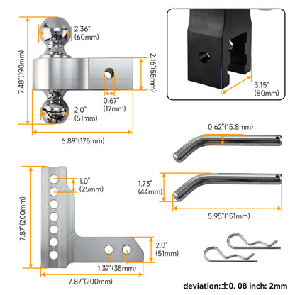 ya 5 8.7 2'' Receiver 6'' Drop/Rise Towing Hitch Dual Ball Trailer pins 2 &2-5/16''