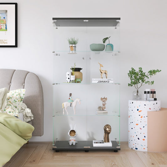 ya 28 2-Door Black Glass Display Cabinet - 4 Shelves,Curio Bookshelf for Living Room