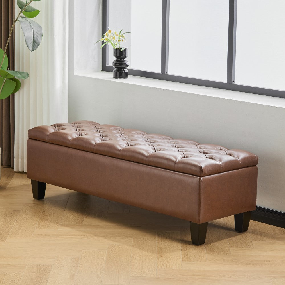 ya 28 Brown Ottoman Bench with Storage, PU Surface, Rubber Wood Legs, 300 lbs Capacity