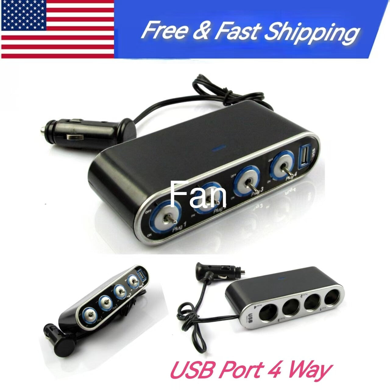 ya 1 7.8 USB Port 4 Way Car Cigarette Lighter Socket Splitter DC 12V/24V for Charger Adapter(