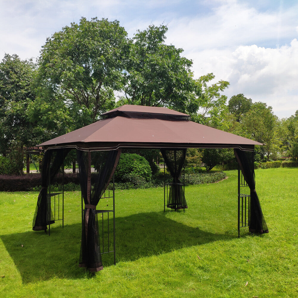 ya 28 13x10ft Gazebo Canopy Tent Ventilated Double Roof, Detachable Mesh ÿ Brown Top