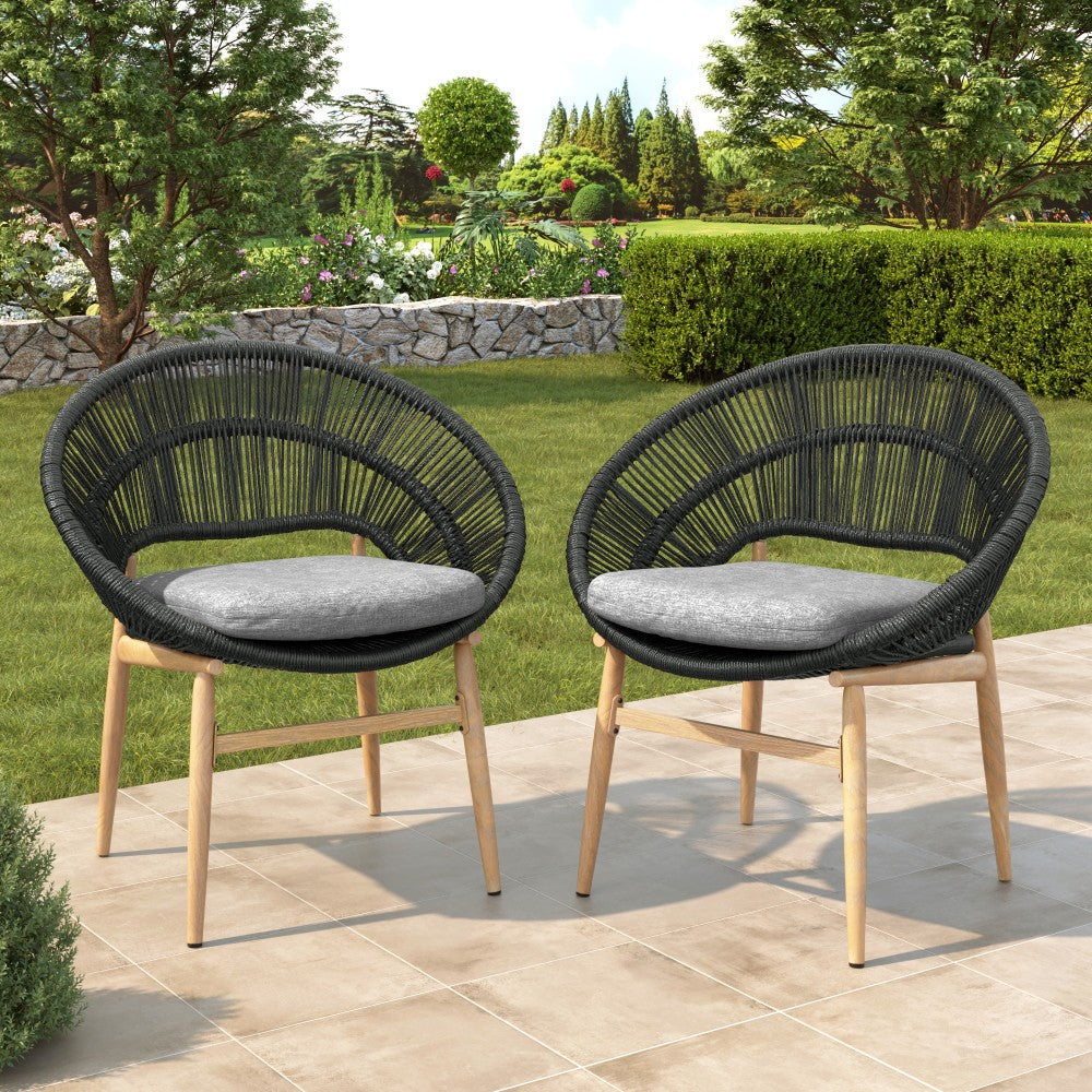 ya 28 Set of 2 Wicker Outdoor Dining Chair,Teak Legs,Dark Gray Faux Rattan,w/Cushion