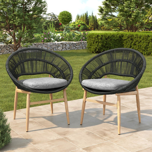 ya 28 Set of 2 Wicker Outdoor Dining Chair,Teak Legs,Dark Gray Faux Rattan,w/Cushion