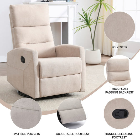 ya 28 Beige Manual Recliner Chair with Rocker and Swivel in Fabric for Living Room