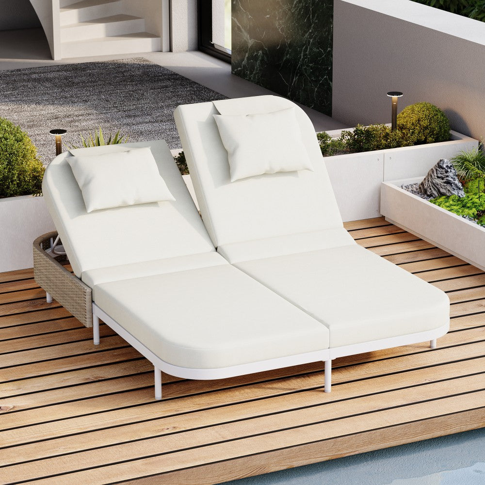 ya 28 White Frame+Beige Cushion Outdoor Daybed - Patio Rattan, Adjustable Backrest