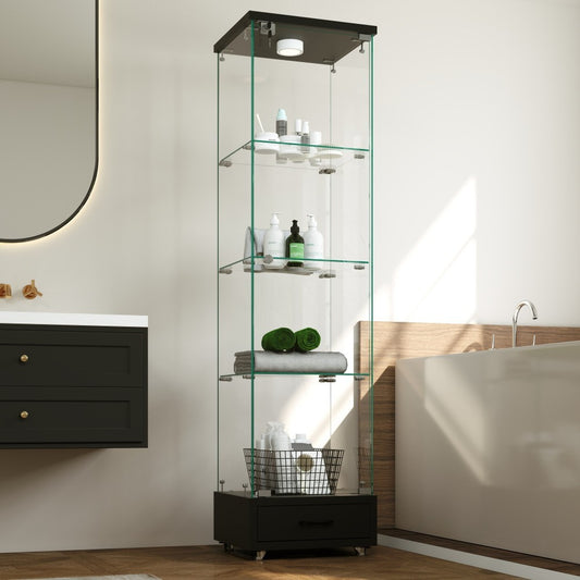 ya 28 Tempered Glass Black Display Cabinet - 1-Door, 4 Shelves, Drawer, LED Lights
