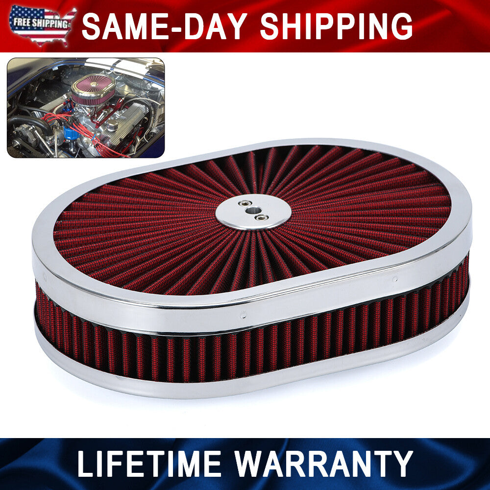 ya 5 8.7 RED 12 Oval Flow Thru Hot Rod Air Cleaner Washable SBC BBC for Chevy for Ford