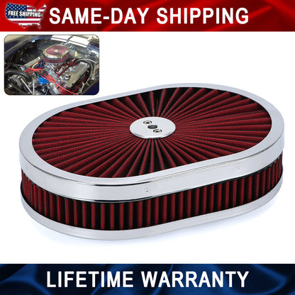 ya 5 8.7 RED 12 Oval Flow Thru Hot Rod Air Cleaner Washable SBC BBC for Chevy for Ford