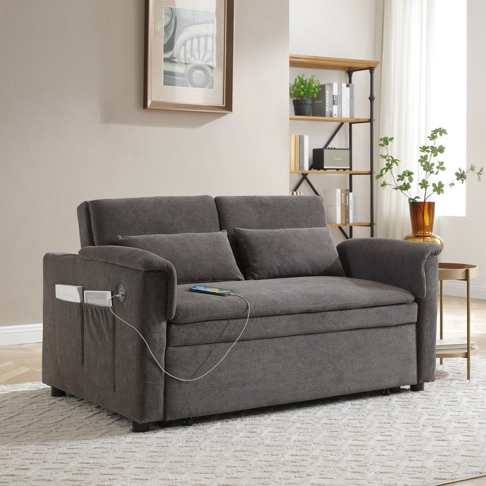 ya 28 Modern 55 GREY Velvet 2-Seater Pull Out Sofa Bed - 3-in-1, USB, 2 Waist Pillows
