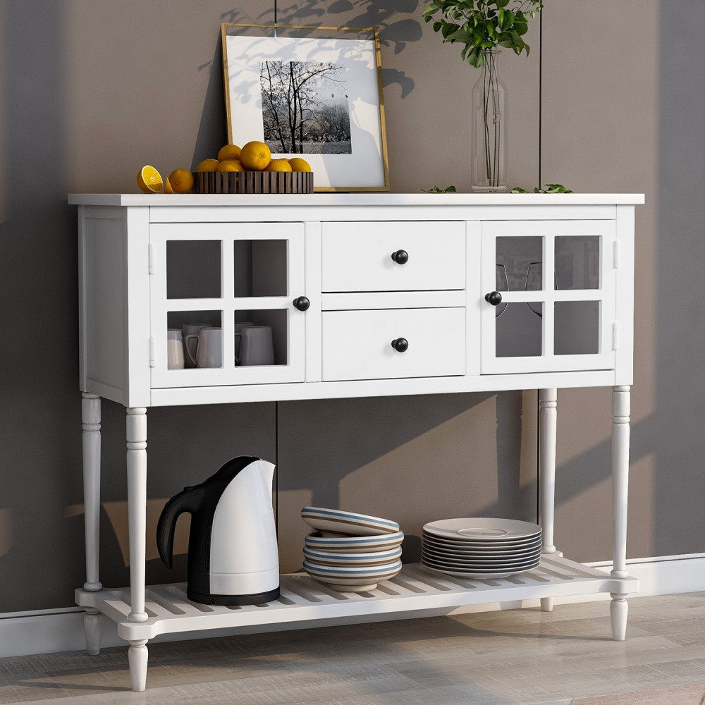 ya 28 Sideboard White Console Table with Bottom Shelf, Glass Buffet Storage Cabinet