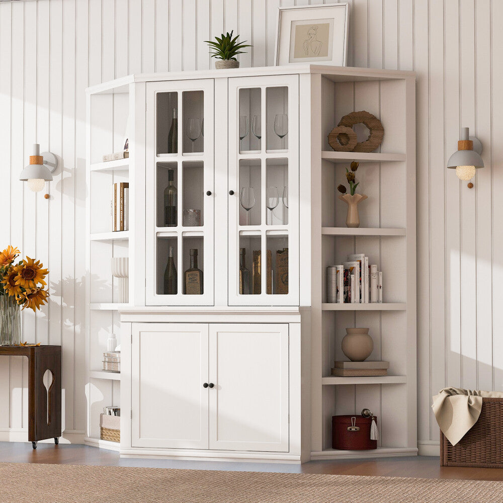 ya 28 75.25''H White Display Cabinet + 2 Triangle Shelves, Retro Wall Suit,Glass Doors
