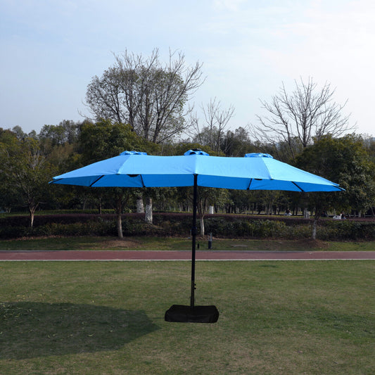 ya 28 15x9ft Blue Double-Sided Rect Outdoor Patio Umbrella w/Light, Base