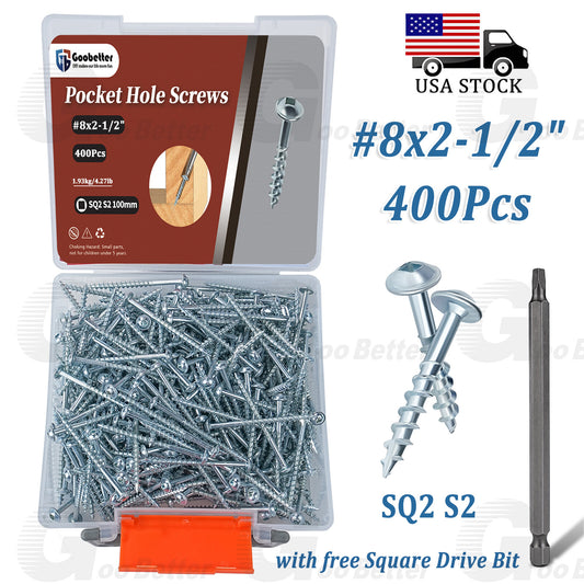 400PCS #8 x 2-1/2  Pocket Hole Screws Wood Screws Square Drive Head Self Tapping