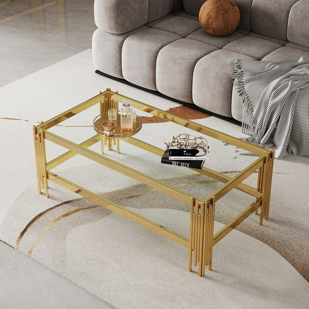 ya 28 Tempered Glass Coffee Table - Mirror-Finished Stainless Steel Frame,Gold