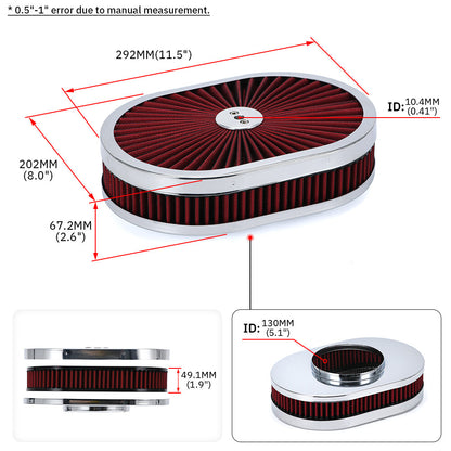 ya 5 8.7 RED 12 Oval Flow Thru Hot Rod Air Cleaner Washable SBC BBC for Chevy for Ford