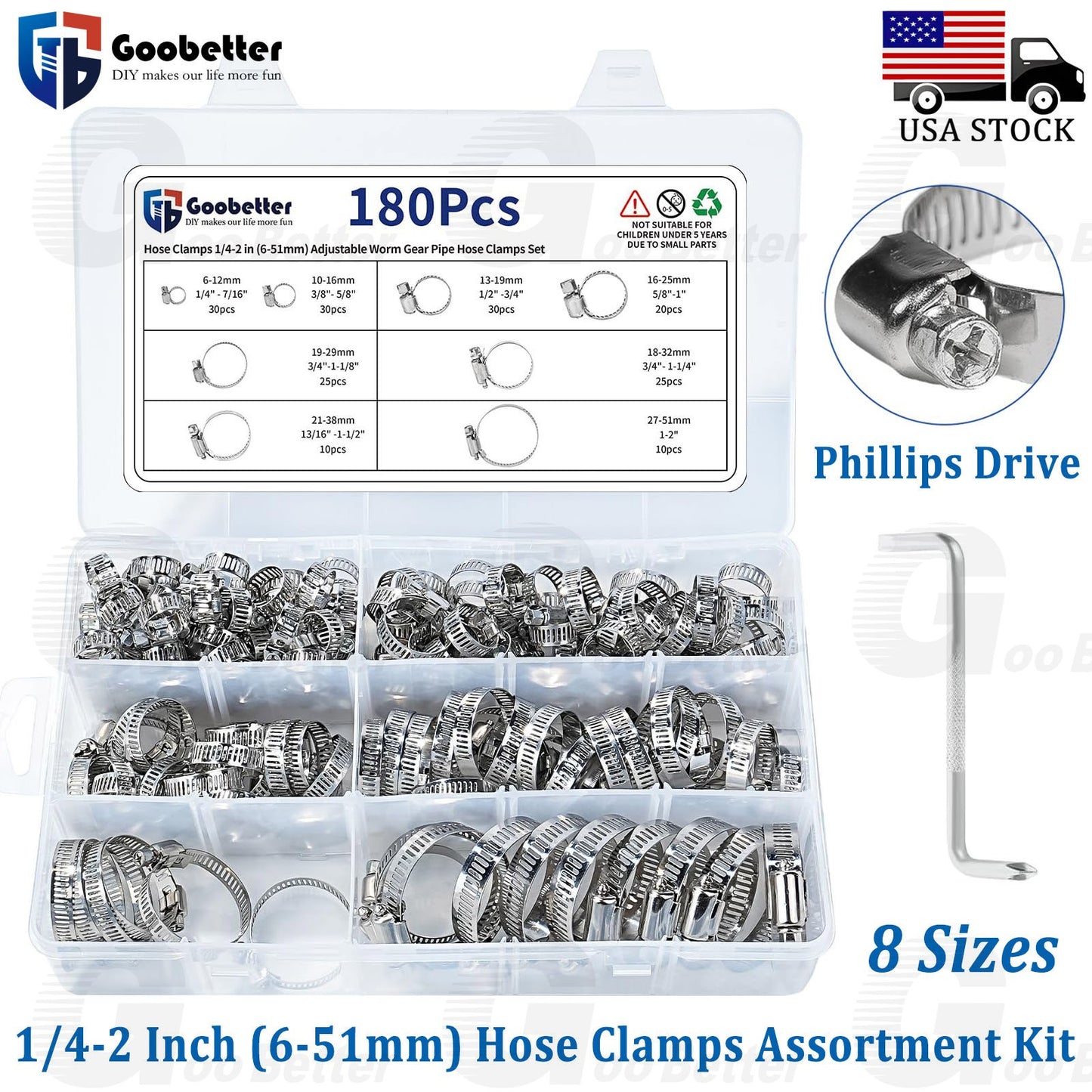 180pcs Adjustable Hose Clamps Worm Gear Stainless Steel Clamp Assortment 8 Sizes