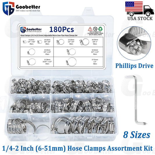 180pcs Adjustable Hose Clamps Worm Gear Stainless Steel Clamp Assortment 8 Sizes