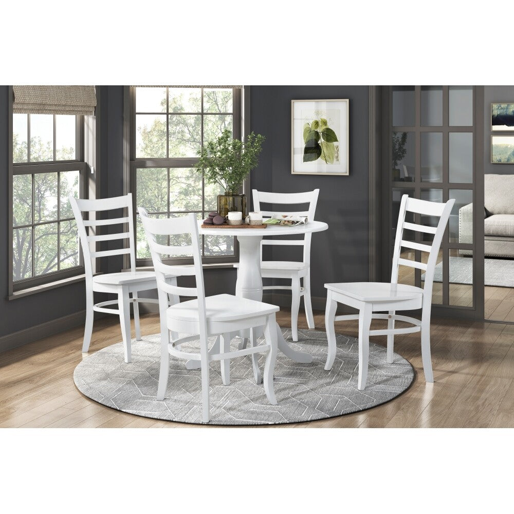 ya 28 Farmhouse Dining Set 5pc,White Finish, Round Table w/4 Wooden Ladder-Back Chairs
