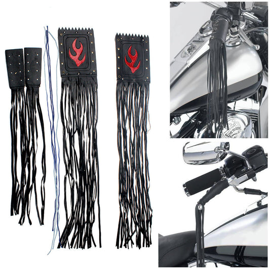 ya 6 6.13.2 Motorcycle Black Faux Leather Grip Lever Cover Handlebar Fringe Streamers Tassel