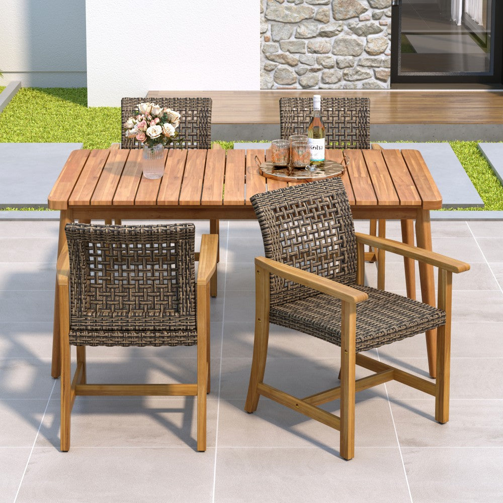 ya 28 5-Piece Brown Patio Dining Set,63 Slatted Table,4 Acacia Wood+PE Rattan Chairs
