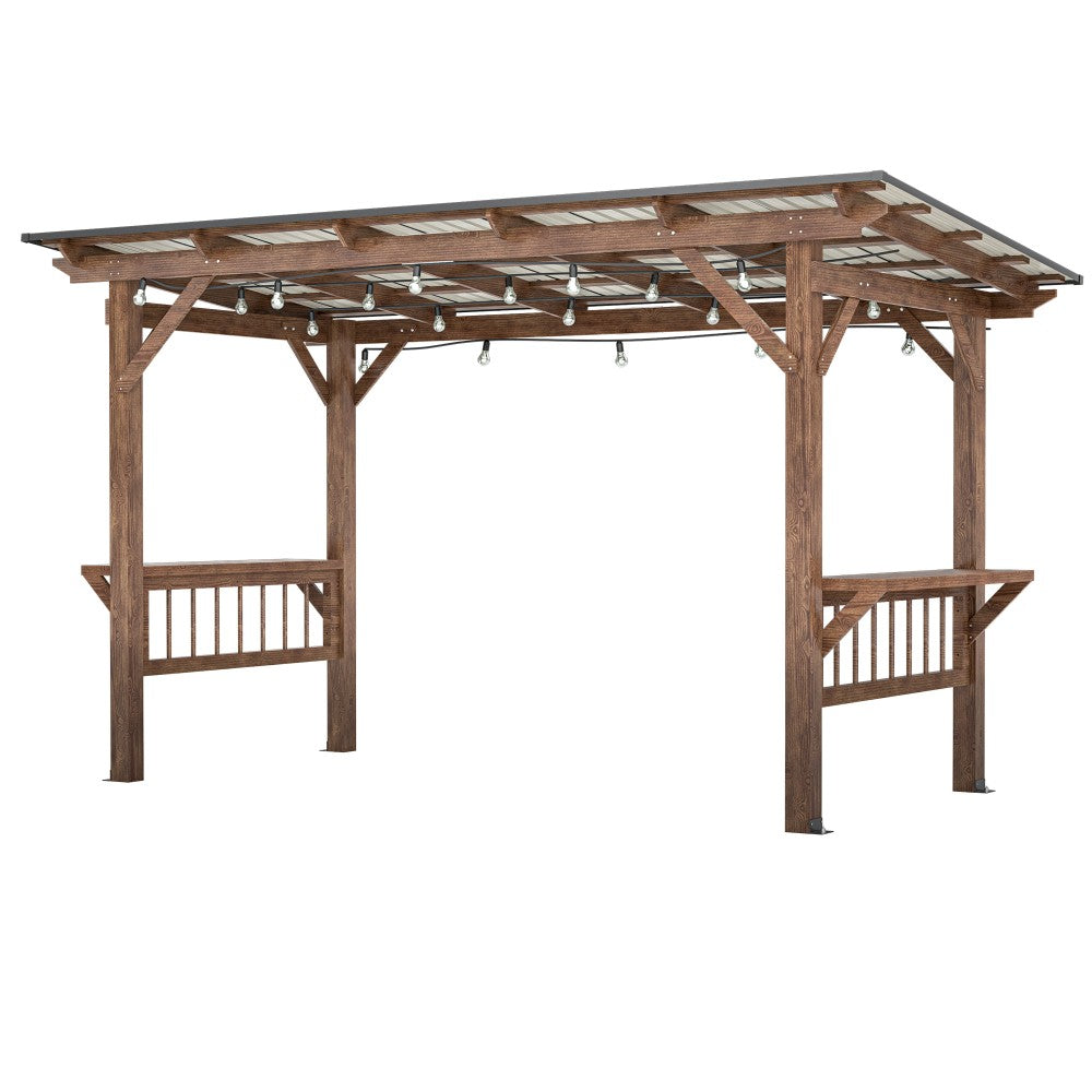 ya 28 Wooden 13' x 6.5' Pergola Grill Gazebo with Metal Roof & Bulbs & Bar Counters