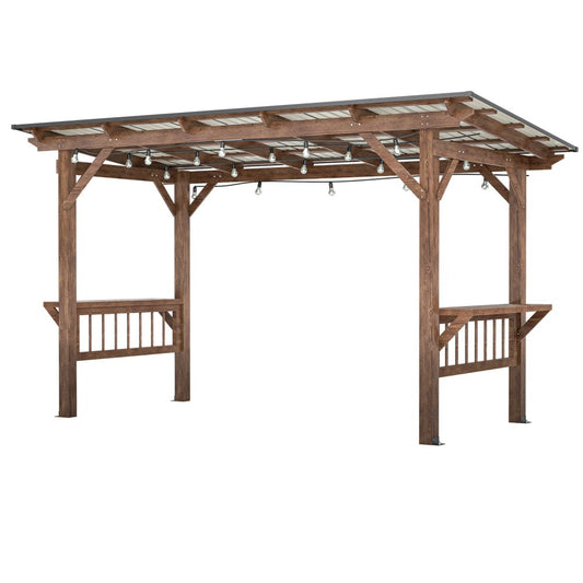 ya 28 Wooden 13' x 6.5' Pergola Grill Gazebo with Metal Roof & Bulbs & Bar Counters