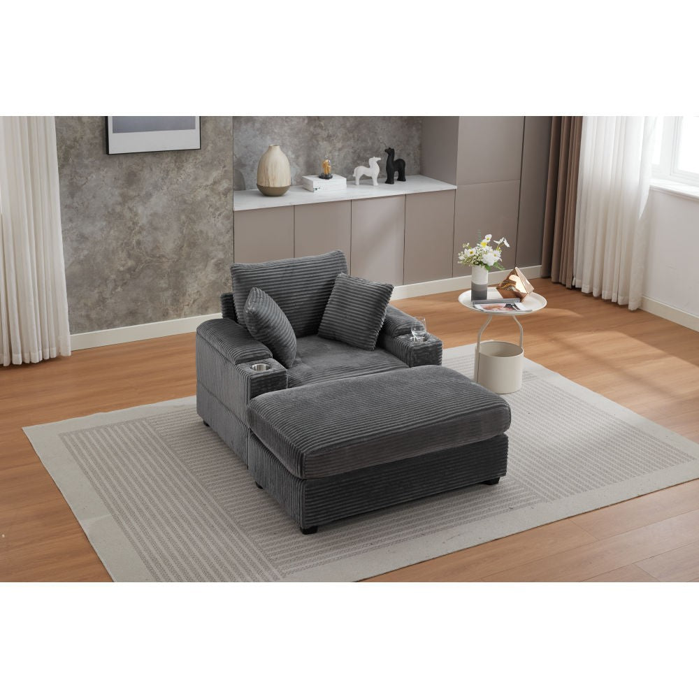 ya 28 Grey Corduroy Chaise Lounge Sofa,w/Storage,Detachable Cushions for Living Room