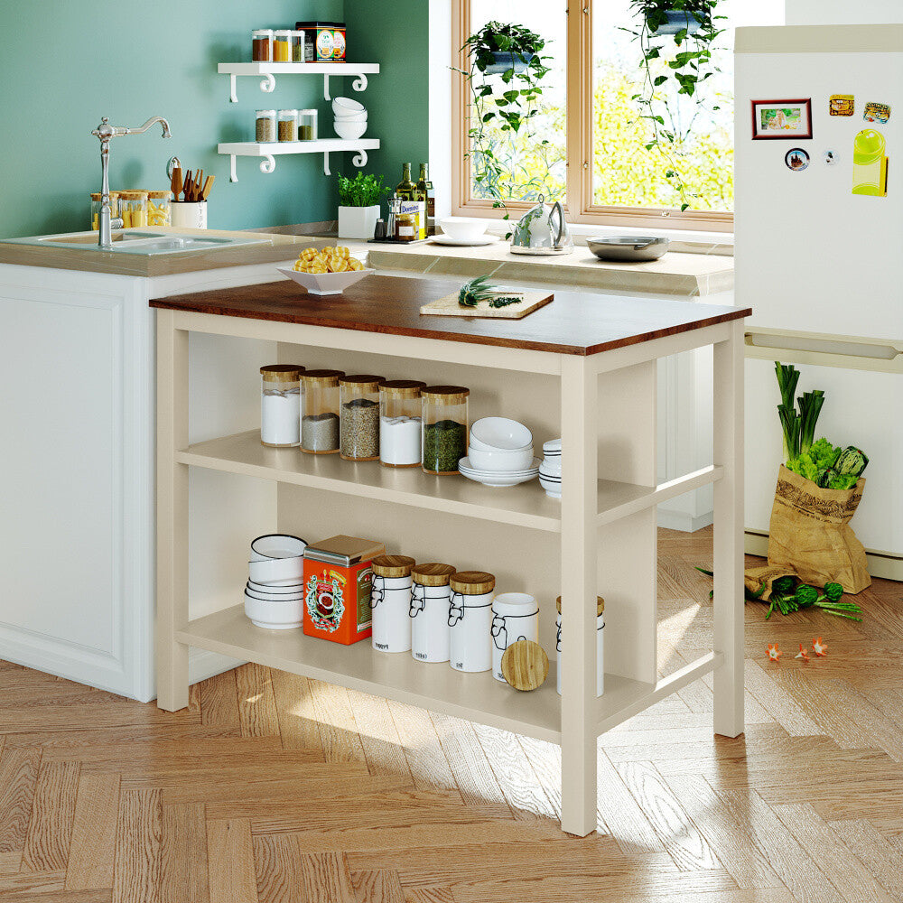 ya 28 45 Kitchen Island Rustic Solid Wood w/Rubberwood Butcher Block & 2 Open Shelves