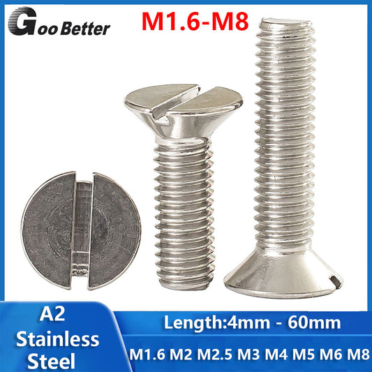 M1.6 To M8 A2 Stainless Steel Machine Screws Flat Countersunk Slotted Head Bolts