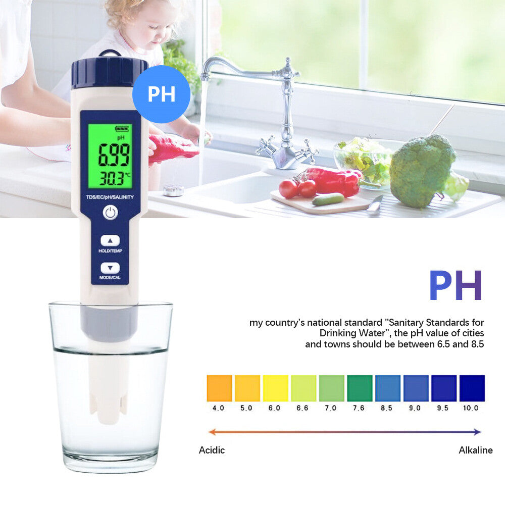 ya 26 Digital 5 in1 Water Quality Tester Pen TDS/EC/PH/Salinity/Temperature Meter