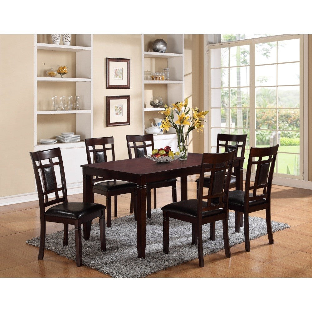 ya 28 Brown 7-Pc Wooden Dining Set Rectangular Table Faux Leather Upholstery Padded